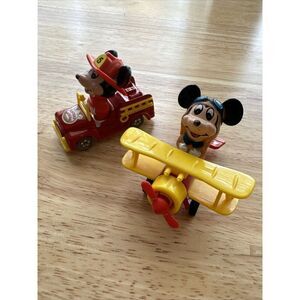 Vintage 1980's Tomy Disney Mickey Mouse In Biplane Firetruck Toy Rare Japan